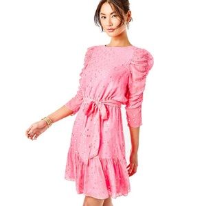 NWT Lilly Pulitzer Chianna Silk Dress in Coral Sands Gold Metallic Silk Clip